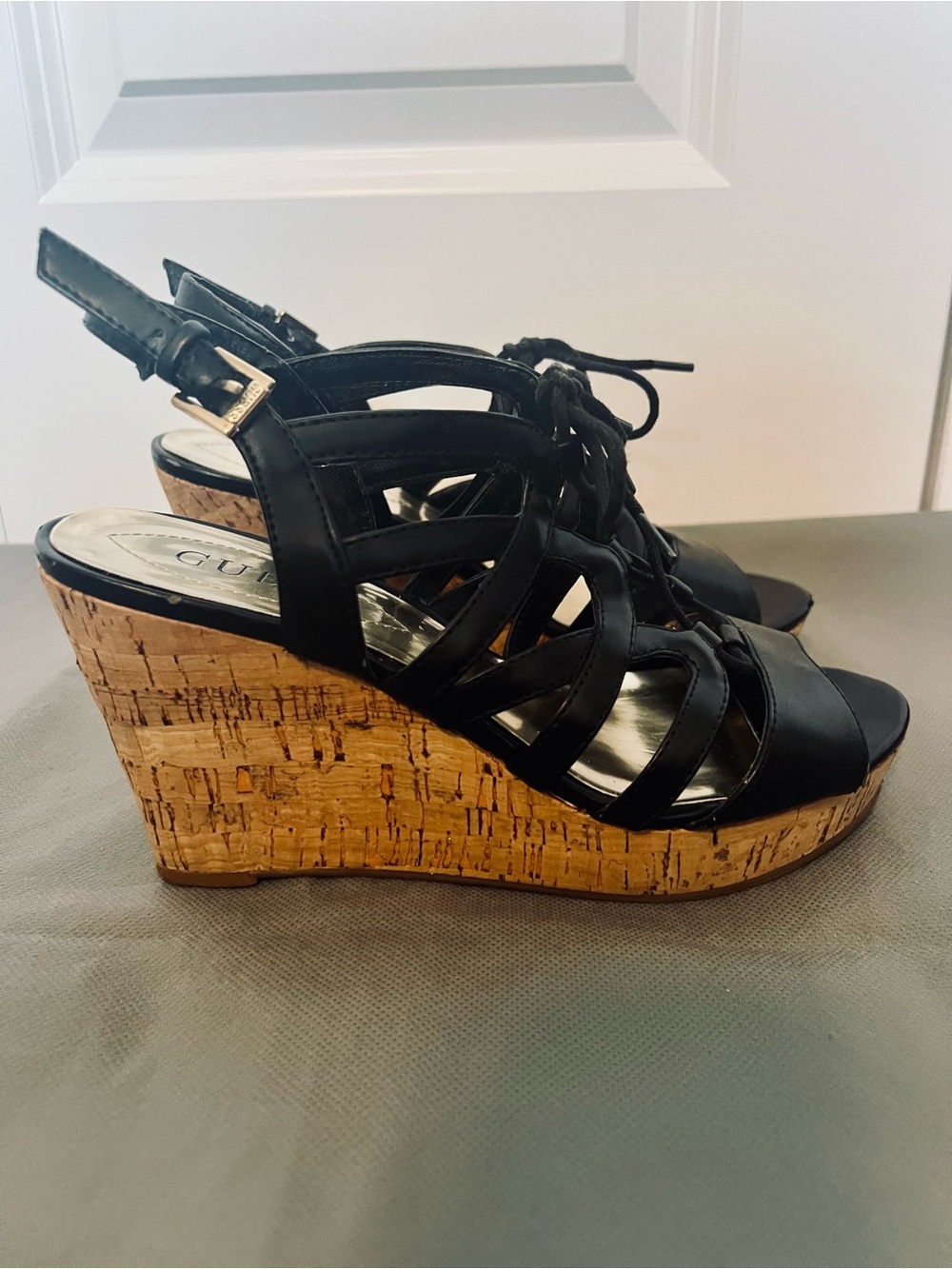 Guess Black Lace-Up Cork Wedge Sandals Size 8